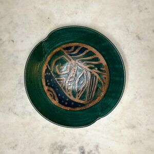 Jordan Studio Pottery Bowl Plate Art Ceramic in Luster Green + Tan 11.5" x 3'